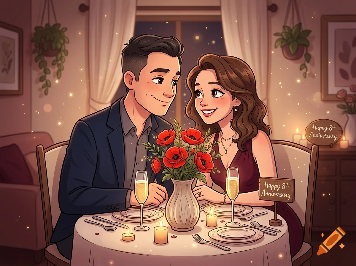 An illustrated couple smiling at each other across a candlelit dinner table with red flowers and champagne glasses in an indoor setting.