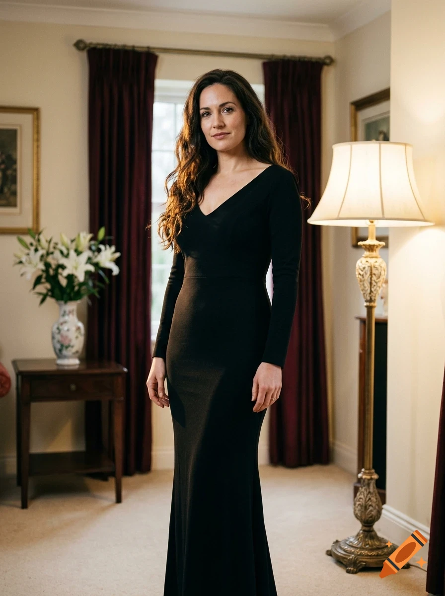 A portrait of a woman with long wavy brown hair wearing a long black dress standing in a furnished room.