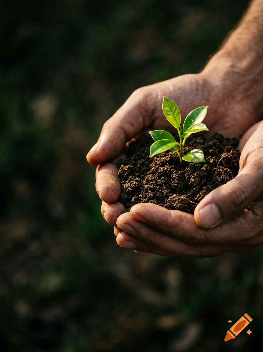 Close-up of cupped hands holding soil with a small green seedling growing out of it.
