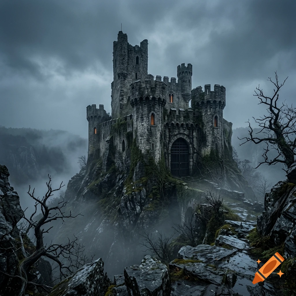 A gloomy, stone medieval castle perched on a rugged, misty cliff under a stormy sky, with a gnarled tree in the foreground.