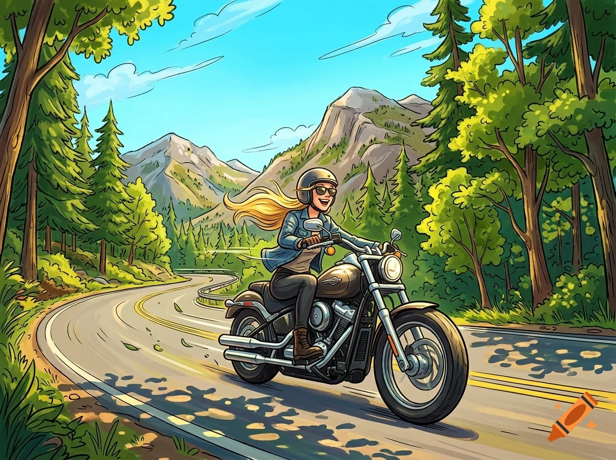 An illustrated woman with long blonde hair and sunglasses rides a motorcycle along a winding mountain road through a forest.