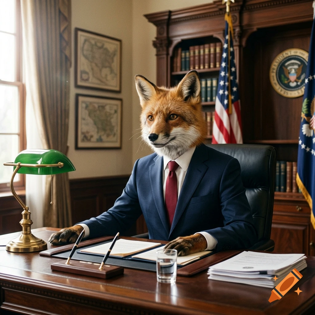 Photorealistic image of a red fox wearing a navy blue suit and red tie, sitting at the Resolute Desk in the Oval Office.