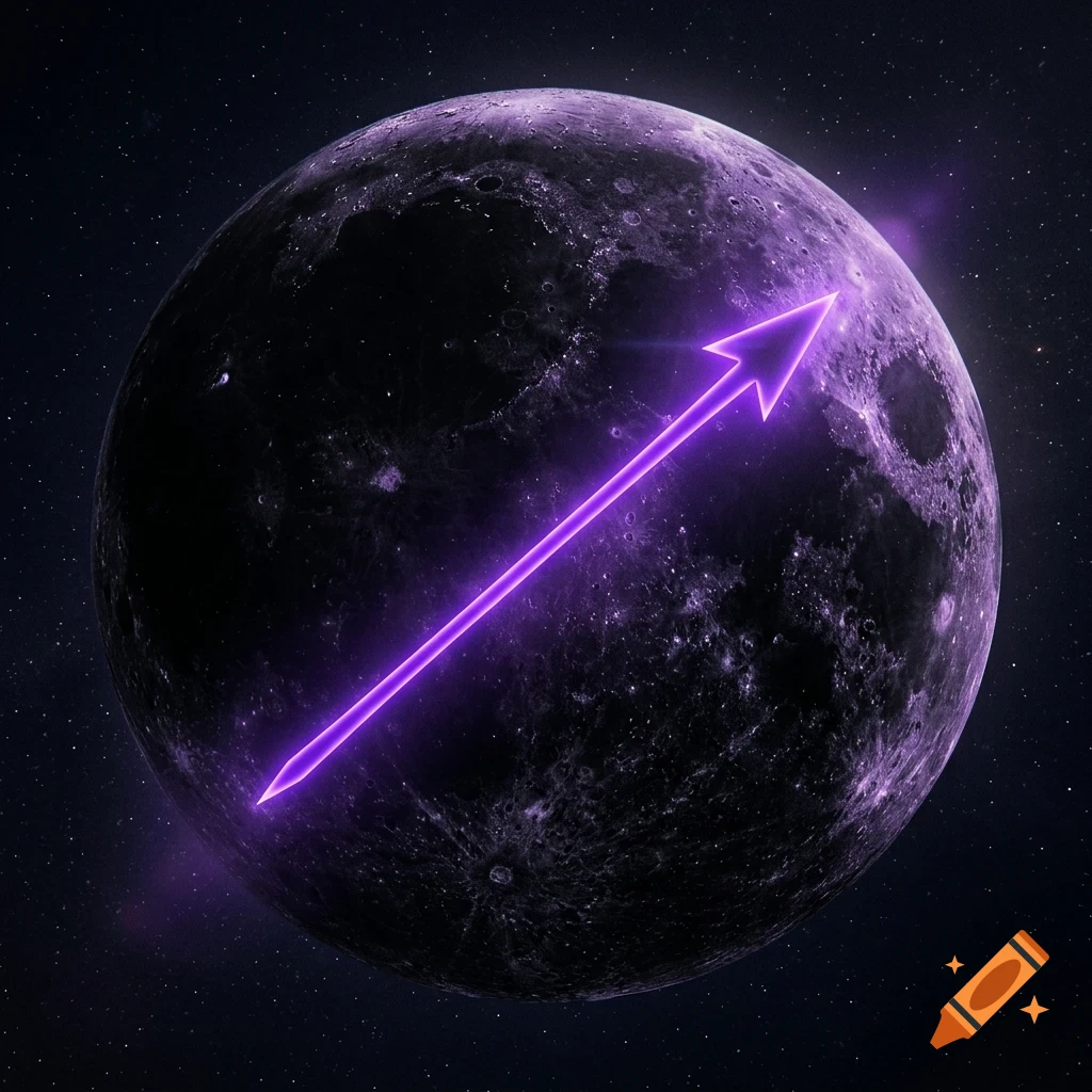 A purple-toned moon against a starry background with a glowing purple arrow pointing diagonally across its surface.