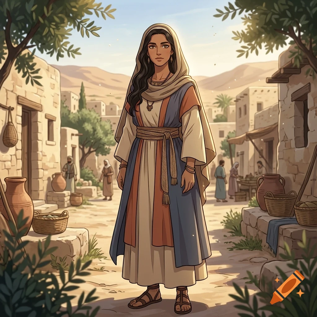 An illustrated portrait of a woman in ancient middle eastern clothing standing in a desert village street, with other figures in the background.