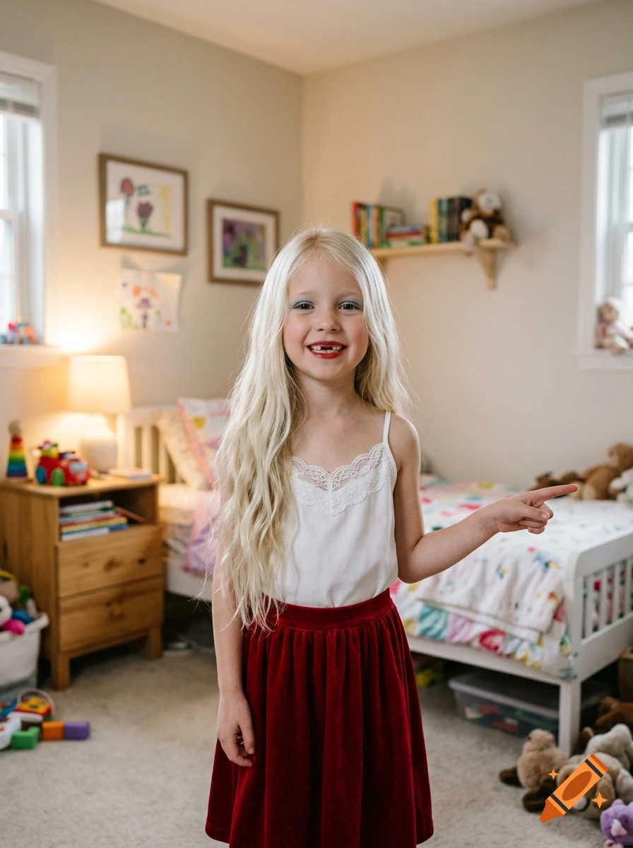 A young girl with long platinum blonde hair and a missing tooth smiling in her bedroom.