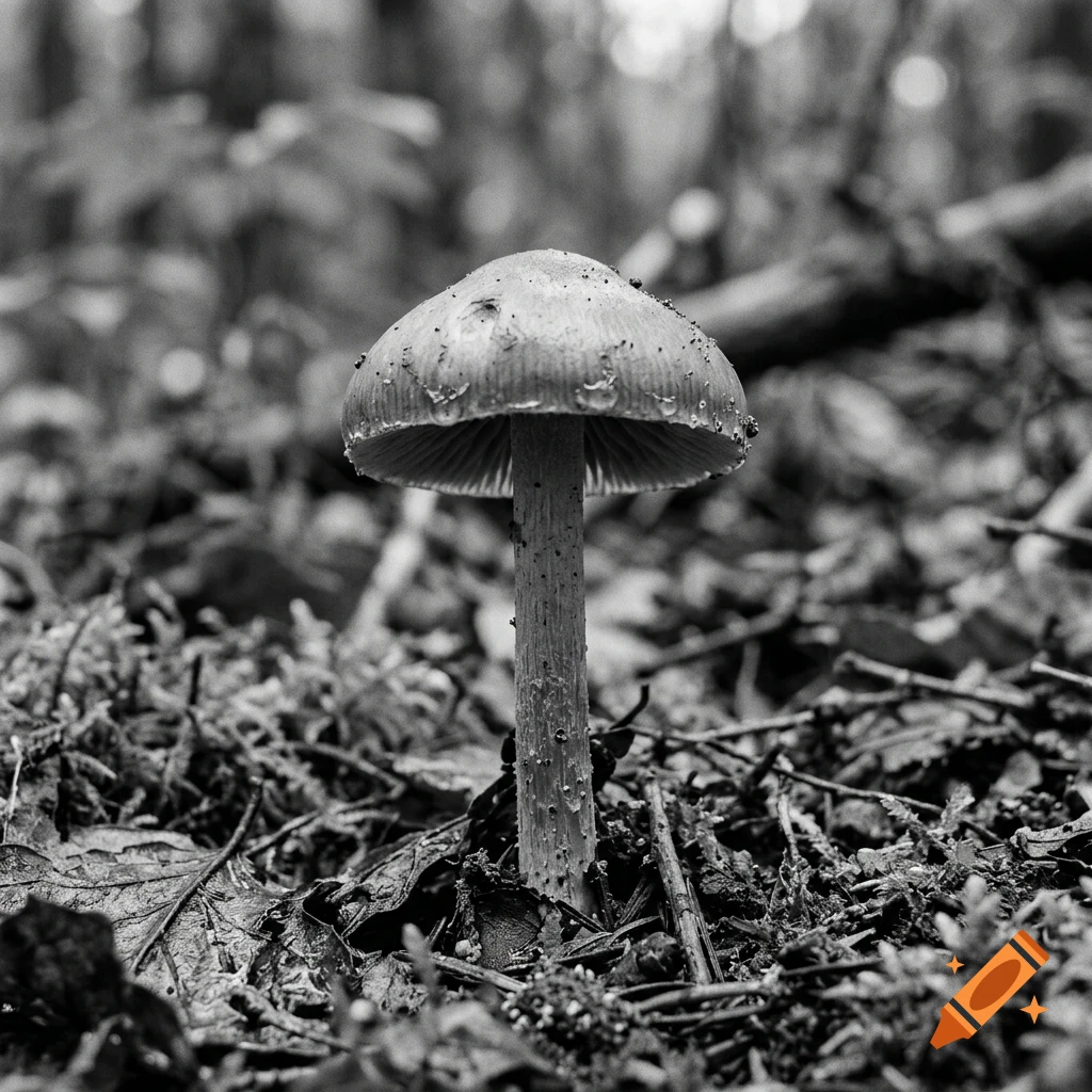 Close-up black and white photograph of a single mushroom growing on the forest floor among twigs and leaves.