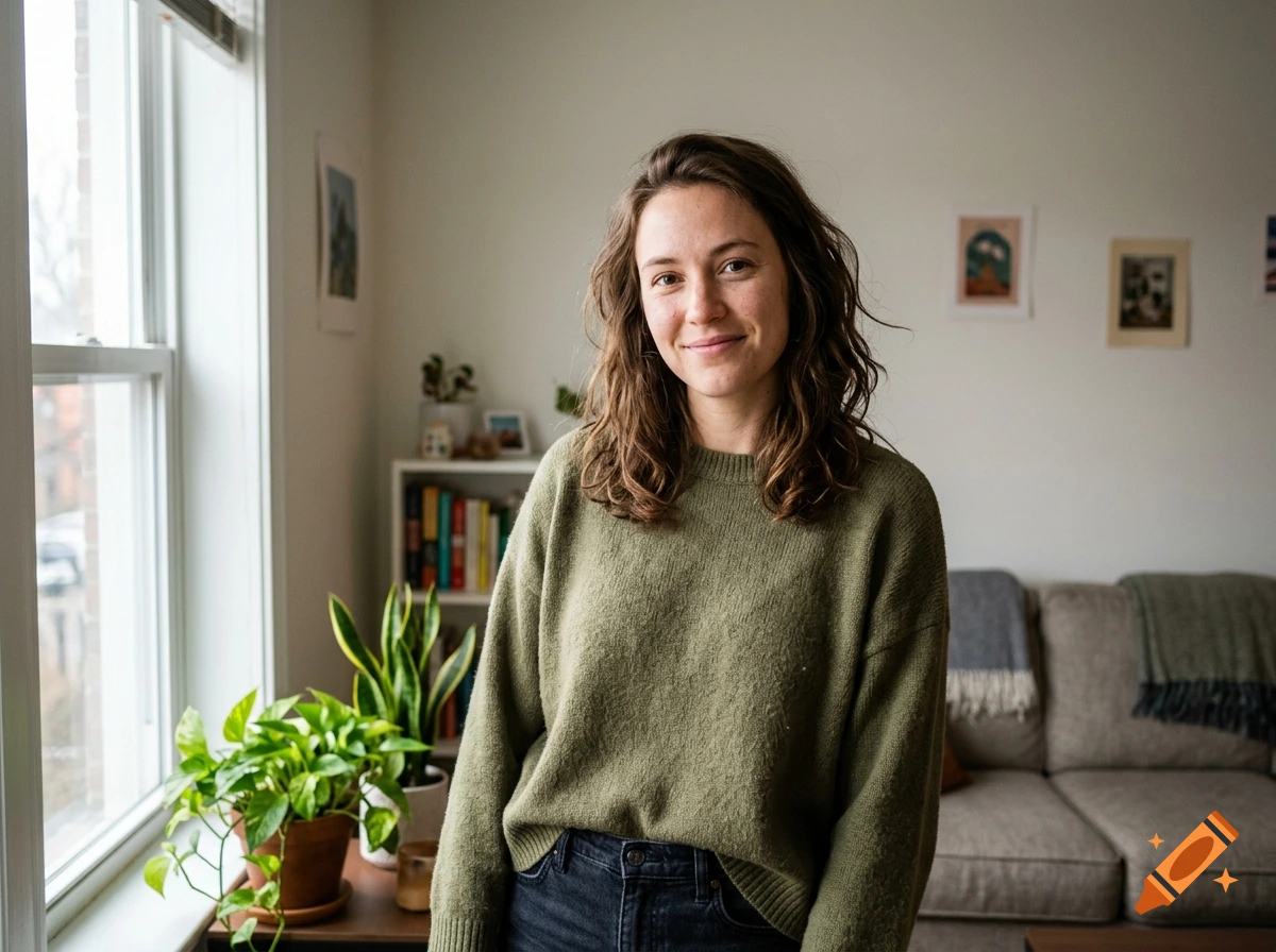 Photorealistic portrait of a young woman with wavy brown hair wearing an olive green sweater inside a brightly lit apartment.