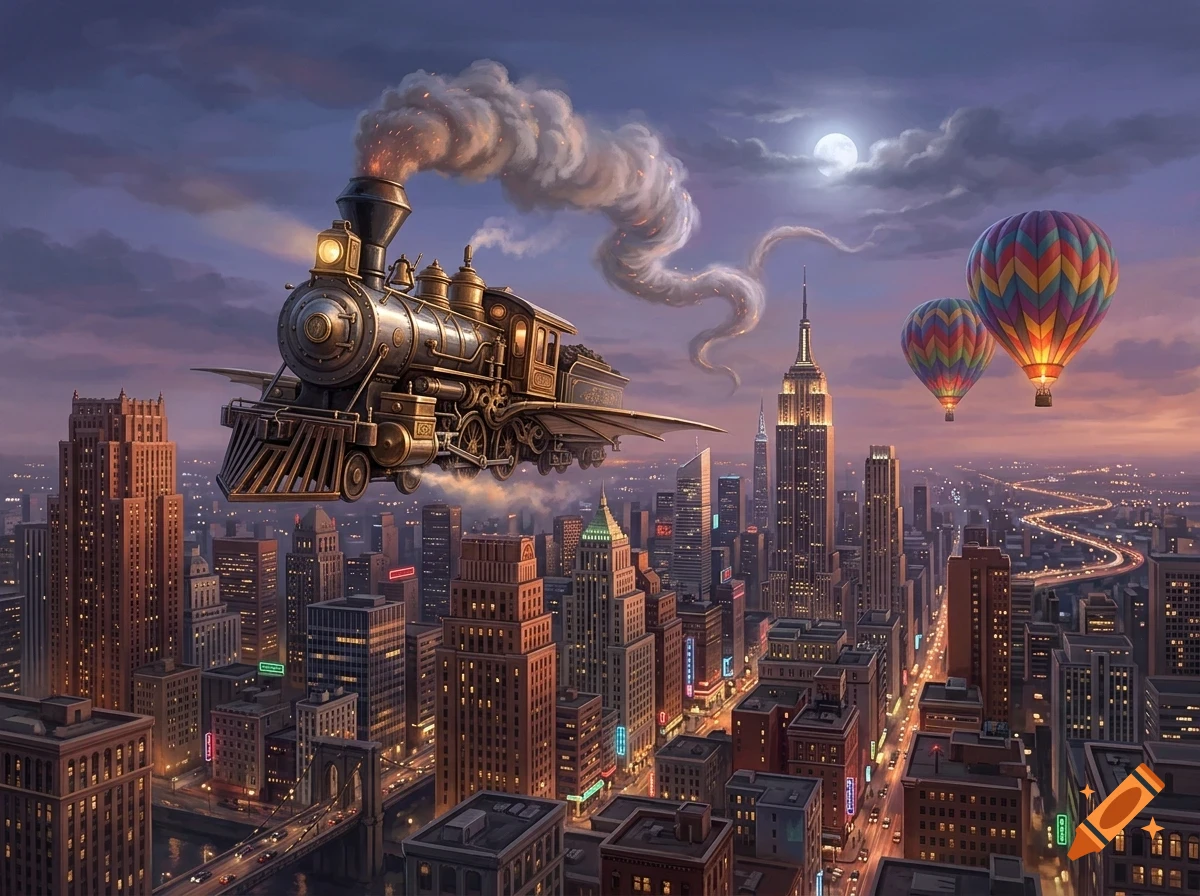 A steampunk-style flying steam train soars over a bustling city skyline at dusk, accompanied by two colorful hot air balloons under a moody, cloudy sky with a full moon.