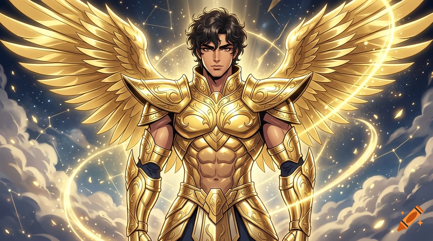 Digital illustration of a winged celestial male warrior wearing ornate gold armor against a starry sky background.