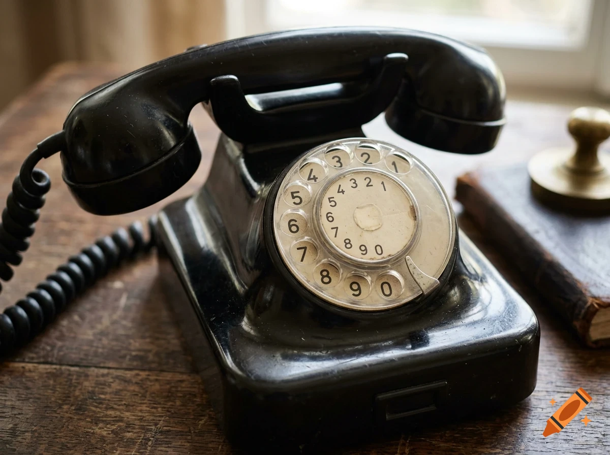 A vintage black rotary telephone sitting on a wooden desk.