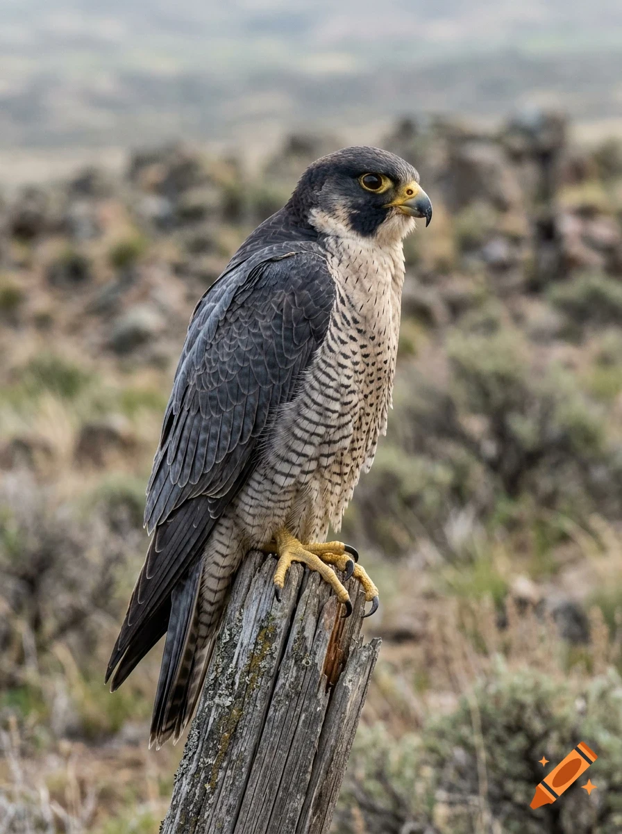 A peregrine falcon perched on a weathered wooden post in a rugged landscape.