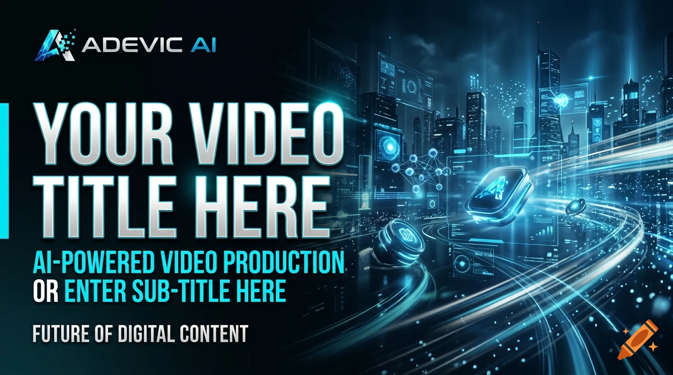 Futuristic cinematic AI video production thumbnail with glowing digital city and text space.