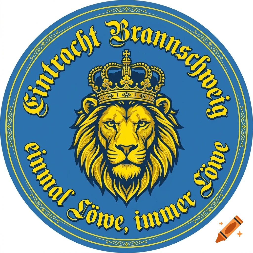 A circular blue emblem featuring a yellow lion's head wearing a crown in the center, surrounded by yellow lettering including "Eintracht Braunschweig" and "einmal Löwe, immer Löwe".