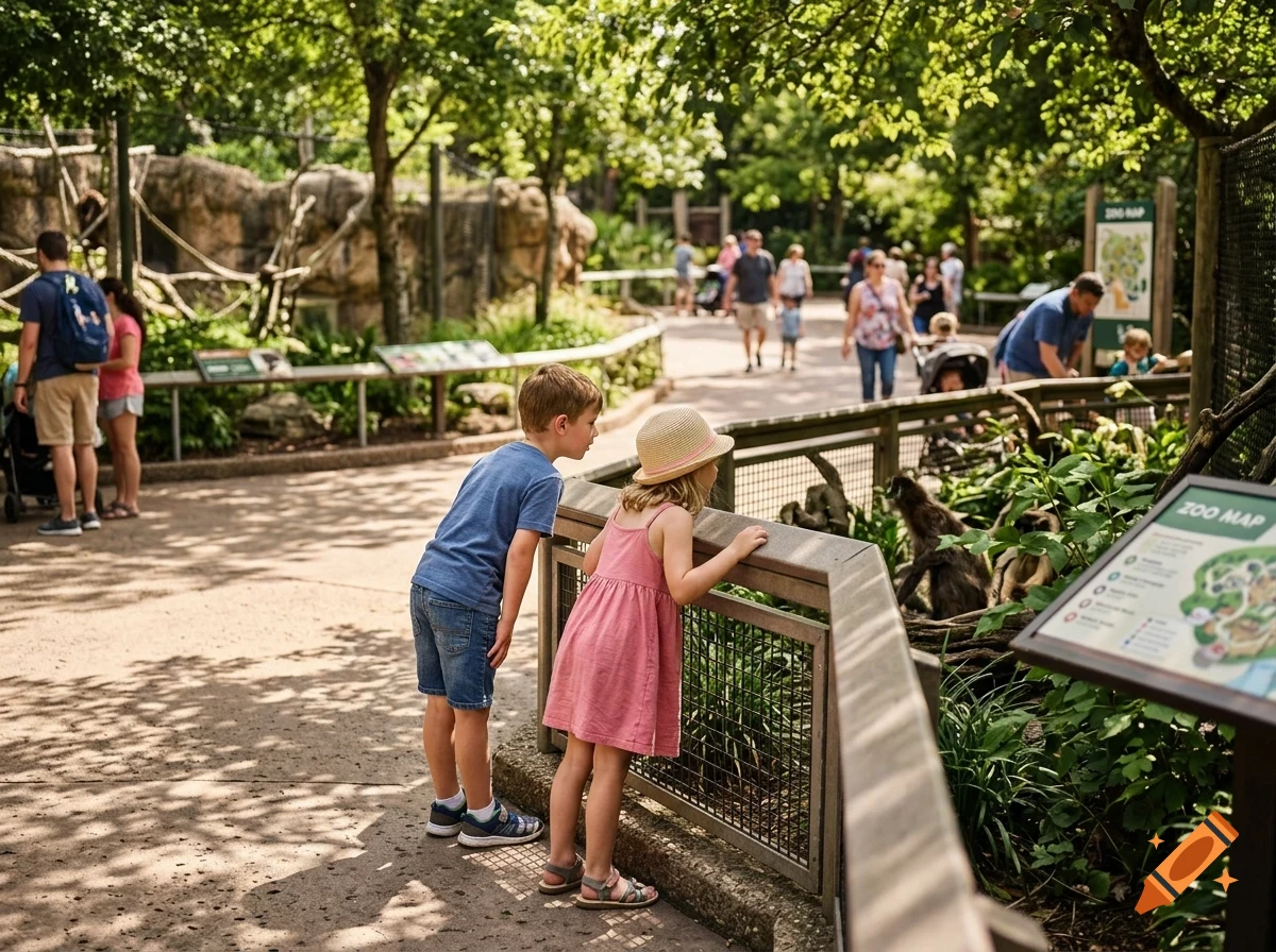 A young boy and girl look at primates in an enclosure at a sunny zoo, with other visitors walking along the path in the background.
