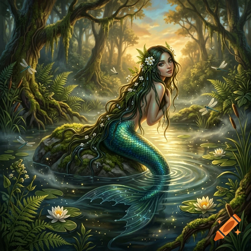 A mermaid with long dark hair and a teal tail sits on a mossy rock in a misty forest stream, surrounded by water lilies and dragonflies.