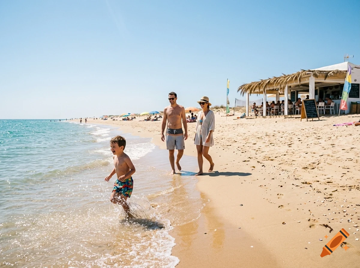 A family walking along a sandy beach on a sunny day, with a young boy splashing in the shallow water.