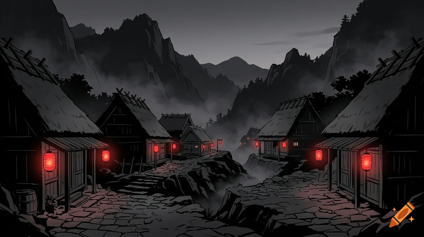 An illustration of a traditional Japanese mountain village at dusk, with glowing red paper lanterns illuminating thatched-roof wooden houses.