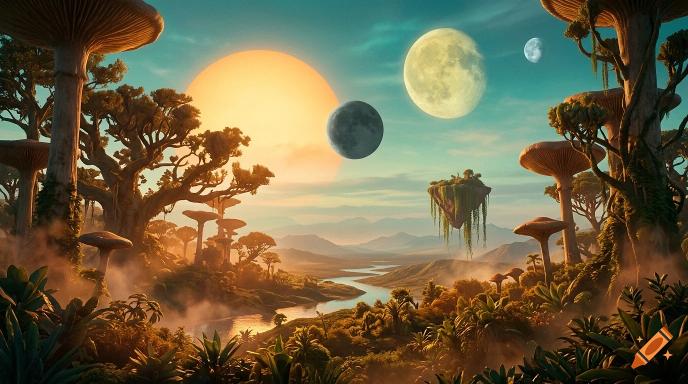 An alien landscape with giant mushroom-like trees, a winding river, a floating island, and multiple moons and suns in the sky.