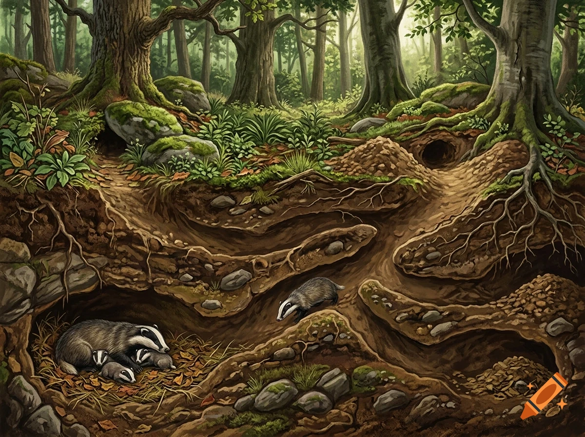 An illustrated cross-section of a forest floor showing badgers in their underground burrow system beneath large trees.