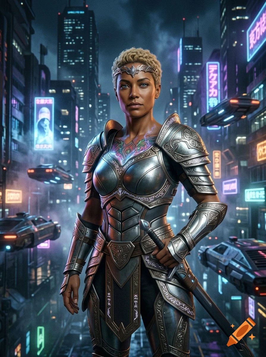 A warrior in ornate armor stands in a futuristic cyberpunk city with neon signs and flying vehicles.