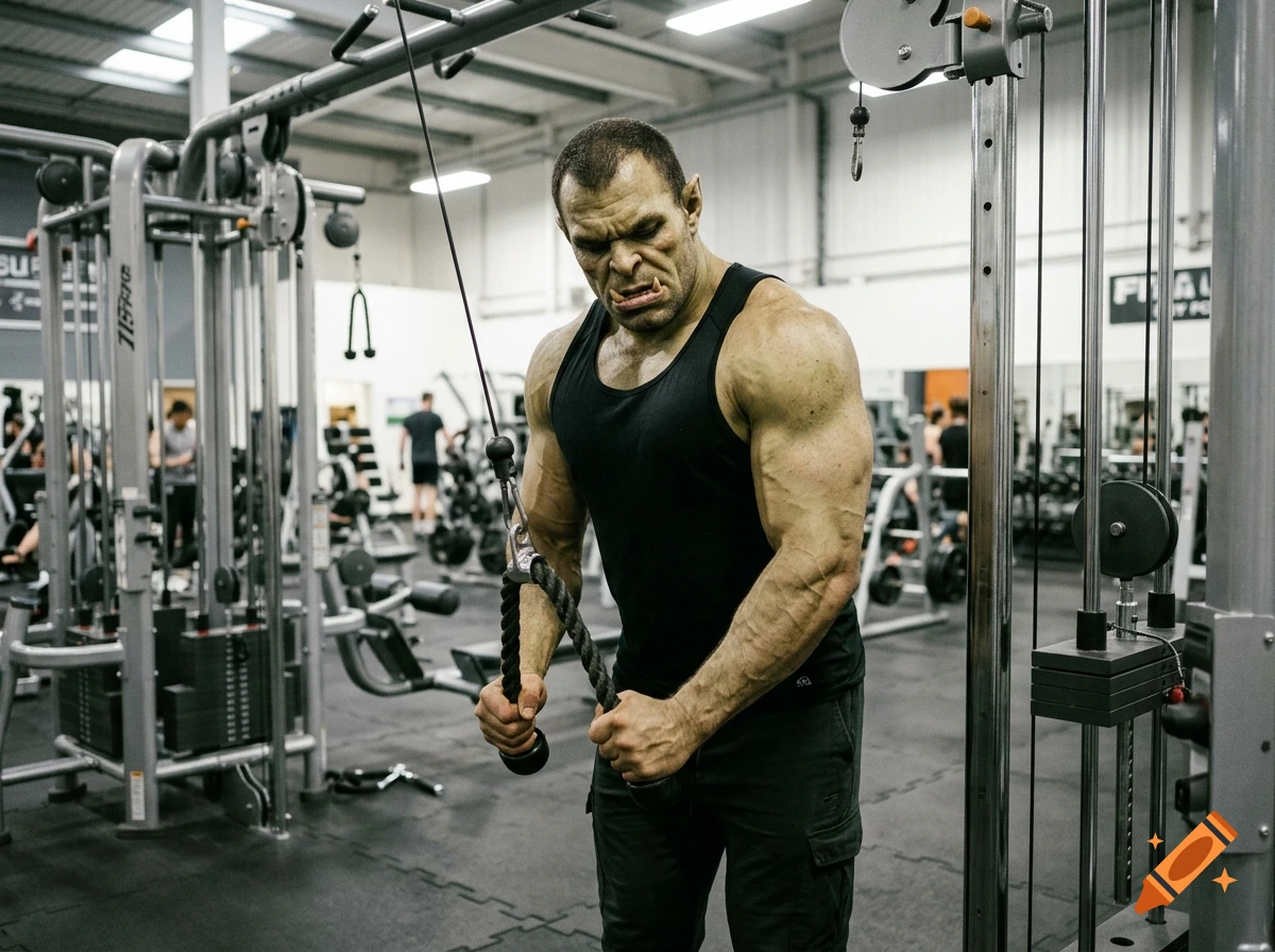 Photorealistic image of a half-orc muscular man working out with tricep pushdown cables in a modern gym.
