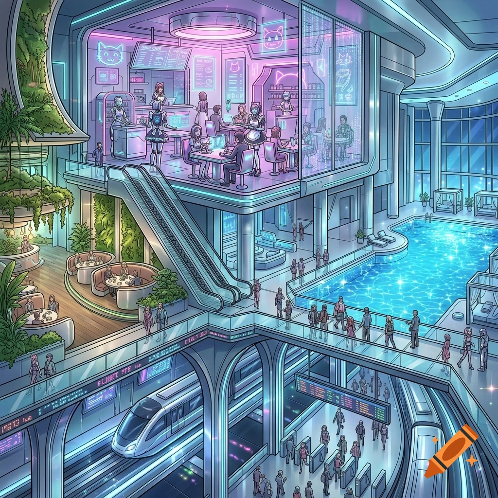 An illustrated cutaway view of a futuristic multi-level hub featuring shops, a cafe, a swimming pool, and a train station filled with glowing neon details.