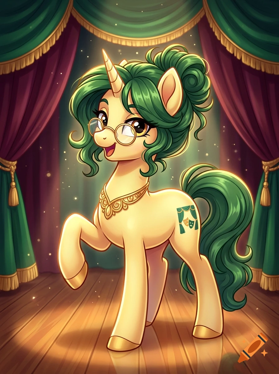 Digital art of a light yellow unicorn with green hair in a messy bun, wearing glasses and a necklace, standing on a stage.