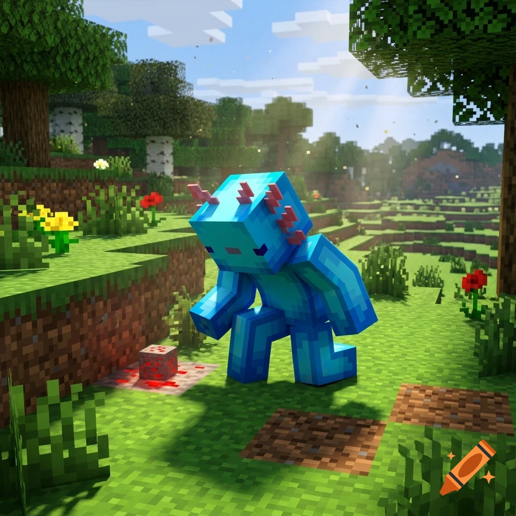 A blocky blue axolotl creature stands in a lush Minecraft-style landscape with trees, grass, and red flowers under a sunny sky.