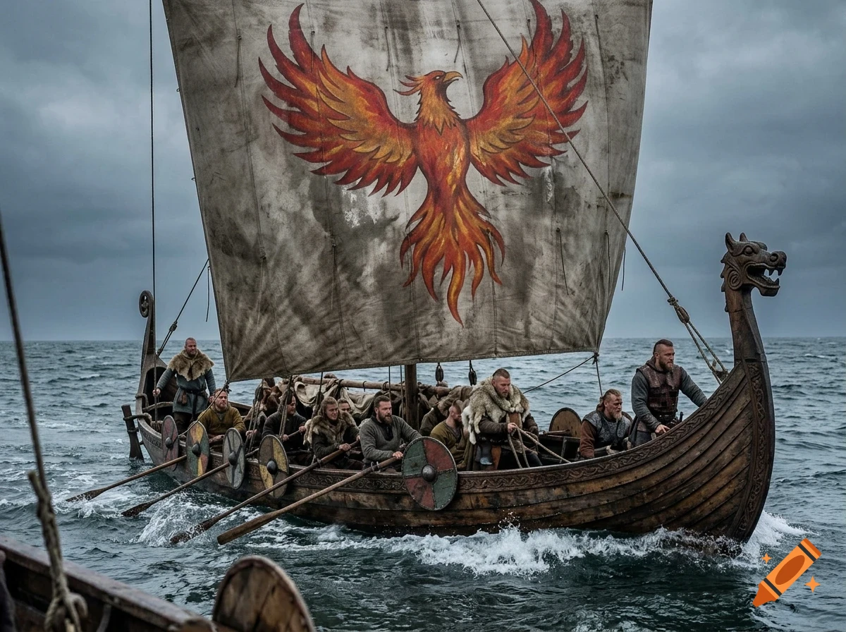 A Viking longship with a large sail bearing a painted red-and-gold phoenix sails across choppy gray ocean waters, carrying several crew members.