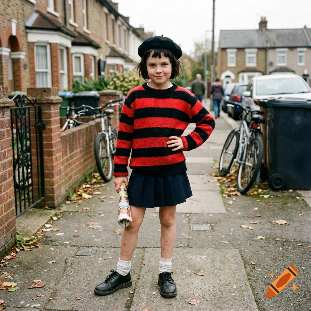 A young girl in a red and black striped sweater and black beret stands on a suburban street, holding a rolled-up magazine.