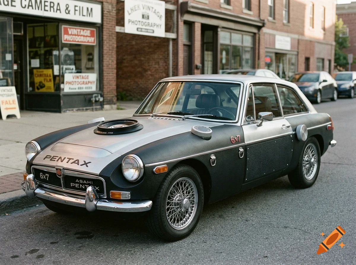 A vintage 1972 MGB GT car uniquely customized in the black and silver style of a Pentax 6x7 camera, parked on a city street.