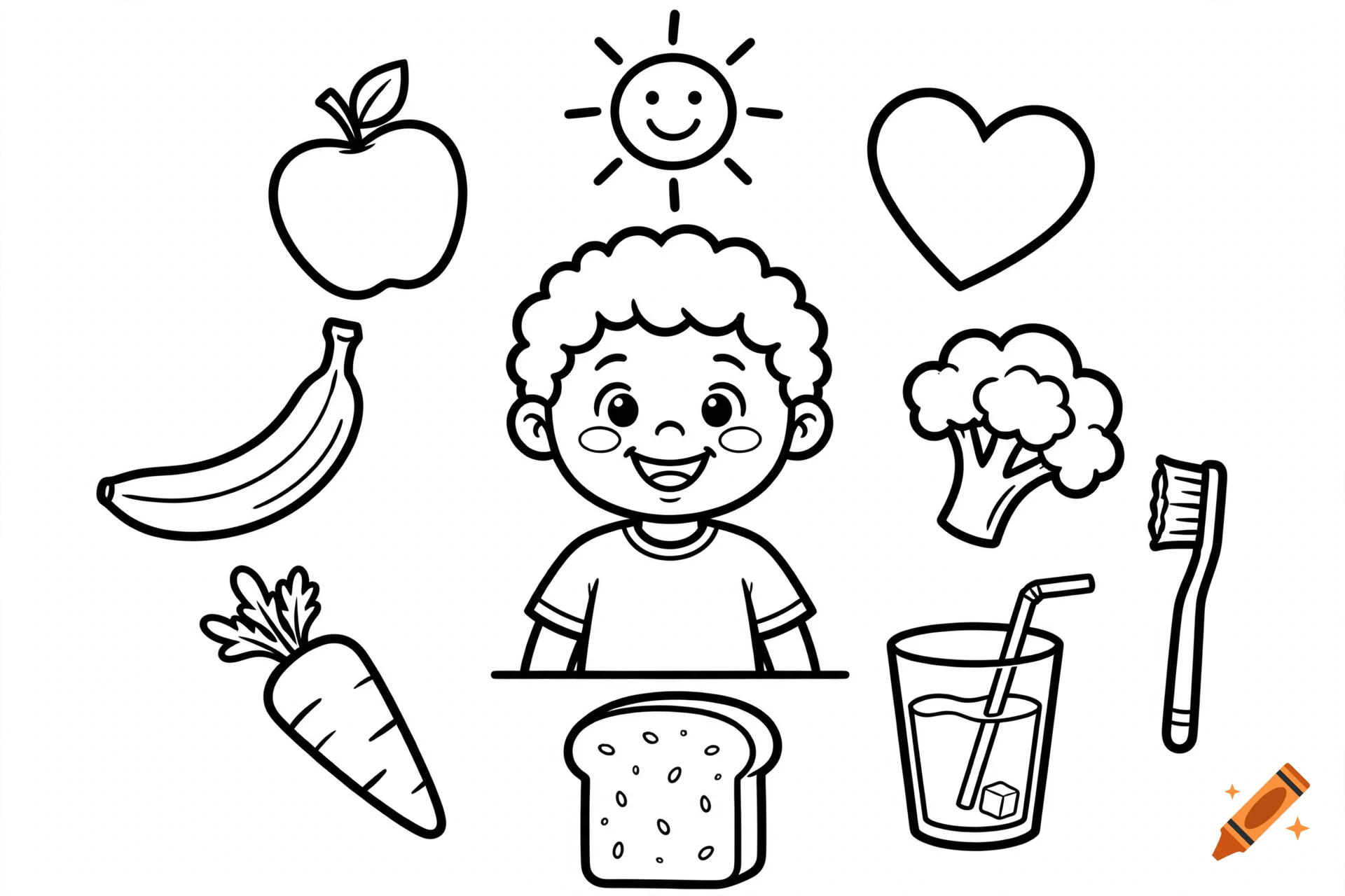 Black and white coloring page for children featuring a smiling boy surrounded by healthy foods, a sun, heart, and toothbrush.