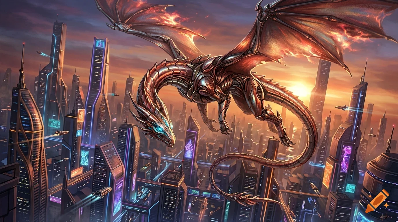 A metallic mechanical dragon flies over a futuristic city at sunset.