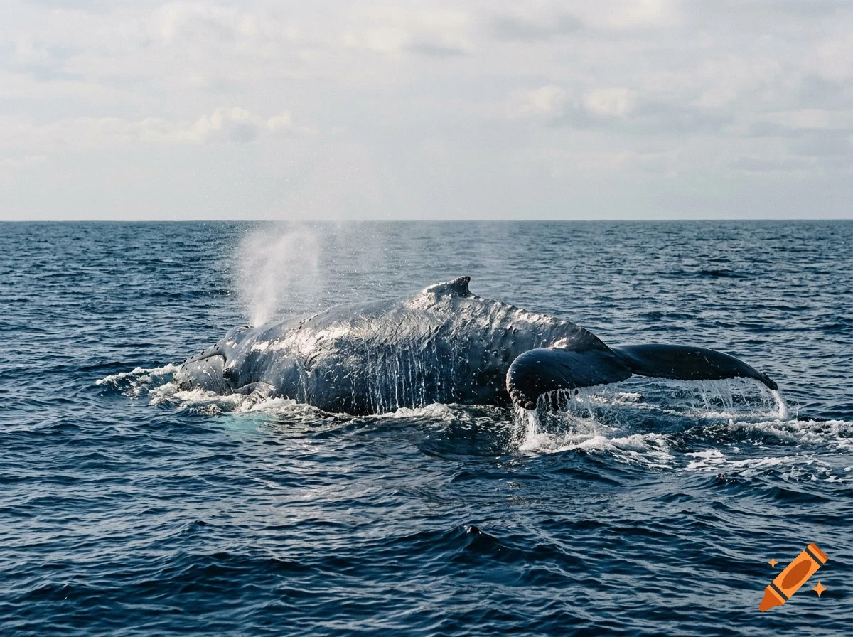 A whale surfacing in the ocean, creating a splash and blow.