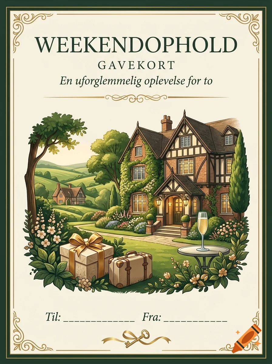 A gift card design for a weekend getaway featuring a large Tudor-style house, a wrapped gift box, a suitcase, and a glass of champagne in a scenic landscape.