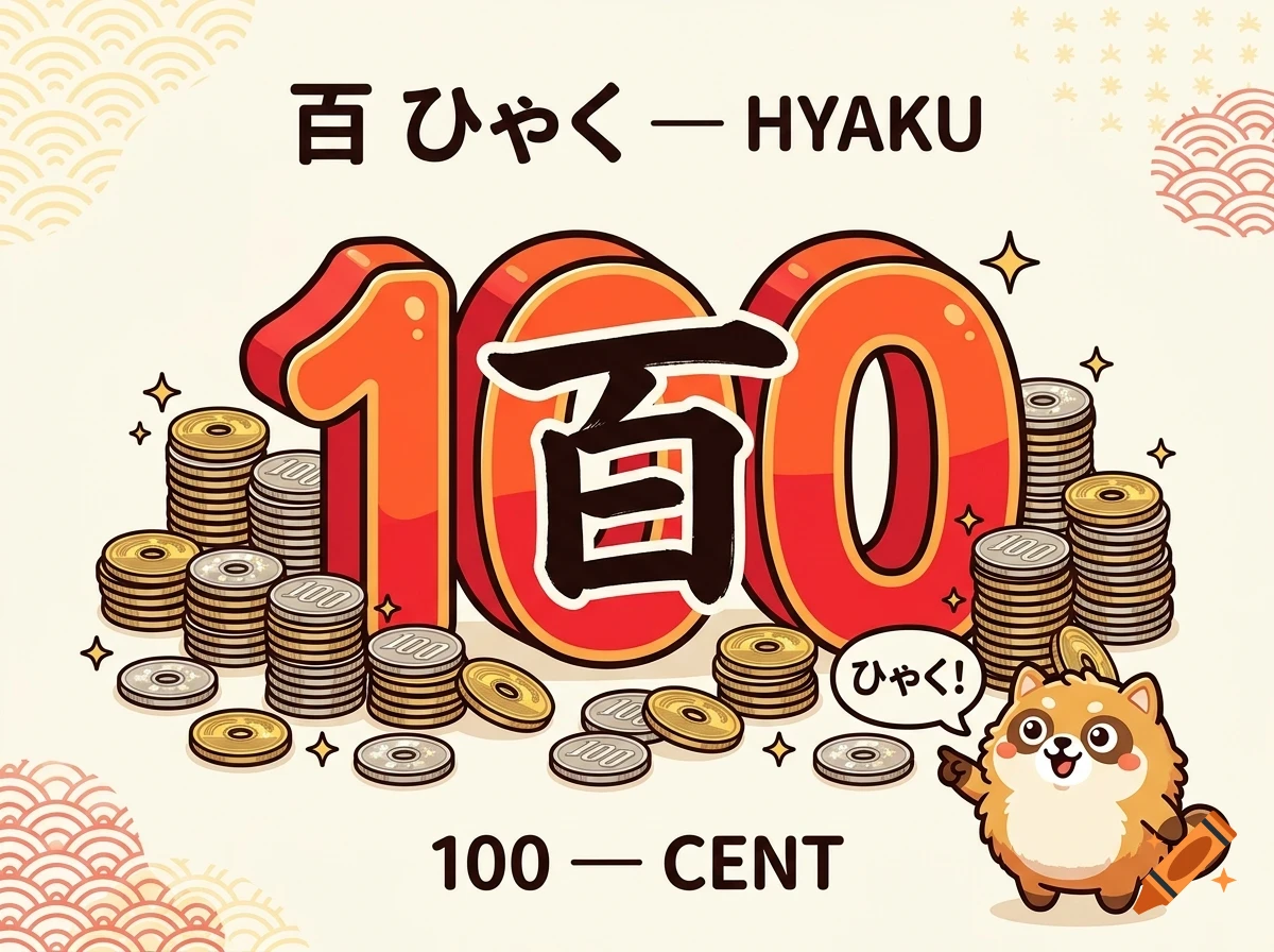 An illustrated educational graphic featuring the number 100 in big red digits and Japanese characters, surrounded by piles of coins and a small cartoon raccoon.