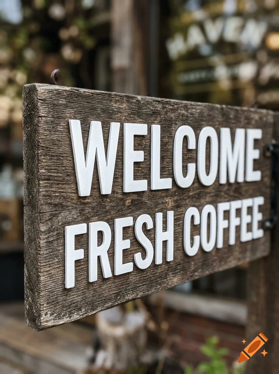 A rustic wooden sign with raised white lettering that reads WELCOME FRESH COFFEE.