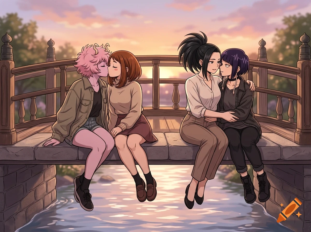 Four anime-style young women sitting on a wooden bridge over a river at sunset, with two pairs embracing and kissing.