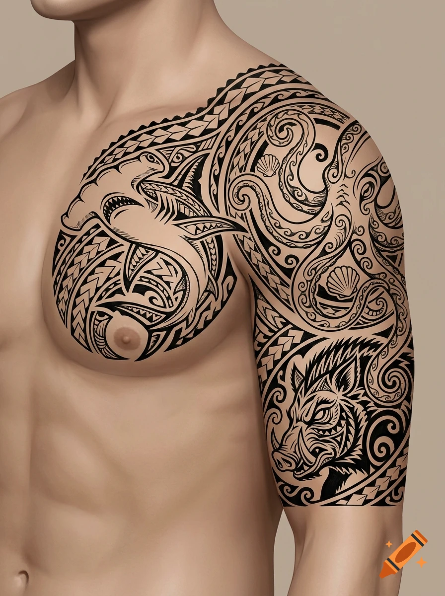 Digital illustration of a shirtless man with complex Tahitian tribal tattoos featuring a hammerhead shark, octopus, and boar on his chest, shoulder, and arm.