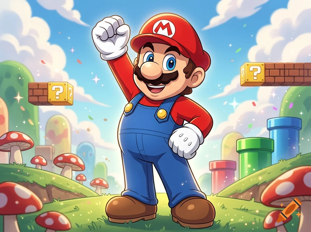 Mario posing triumphantly in a vibrant video game landscape filled with mushrooms, question blocks, and pipes.