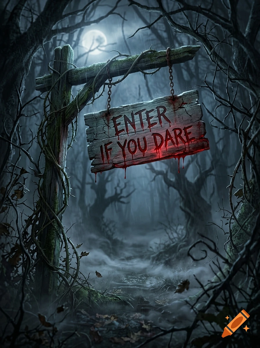 A spooky wooden sign that reads 'ENTER IF YOU DARE' dripping with blood in a foggy, dark forest under a full moon, digital art.