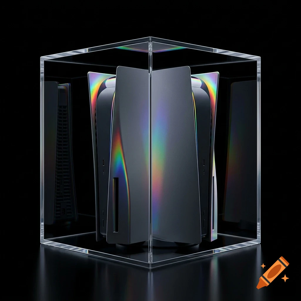 A stylized video game console enclosed in a transparent acrylic display cube with iridescent rainbow refractions on its edges, set against a black background.