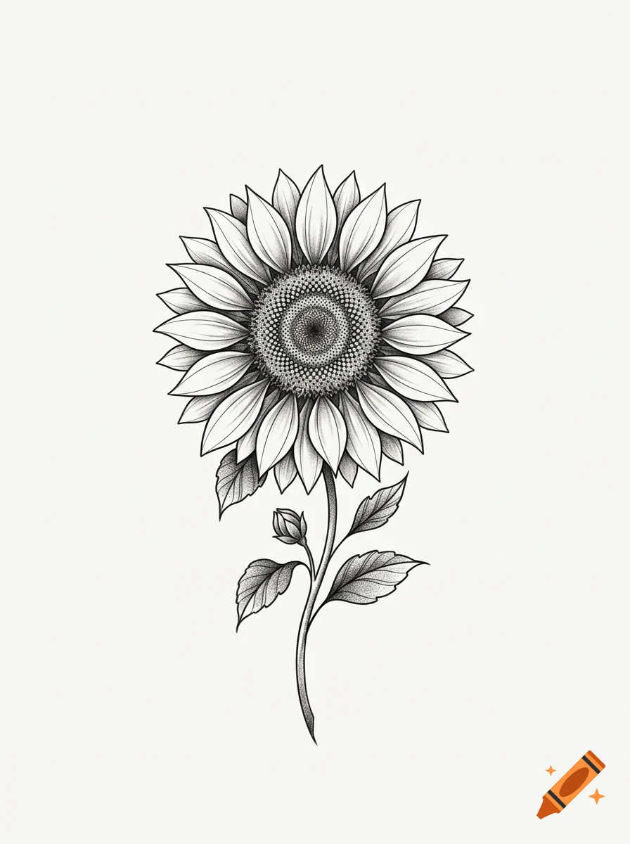 A detailed black and white illustration of a sunflower with stippled shading on a plain white background.