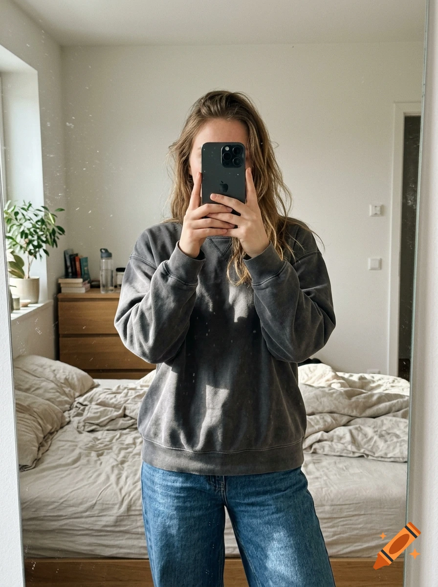 Mirror selfie of a young adult in a grey sweatshirt and blue jeans, holding a smartphone covering their face in a bedroom.