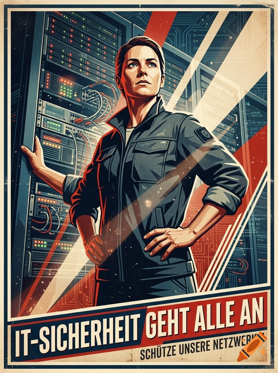 Propaganda-style poster featuring a confident person standing in a server room with racks of equipment, and German text at the bottom.