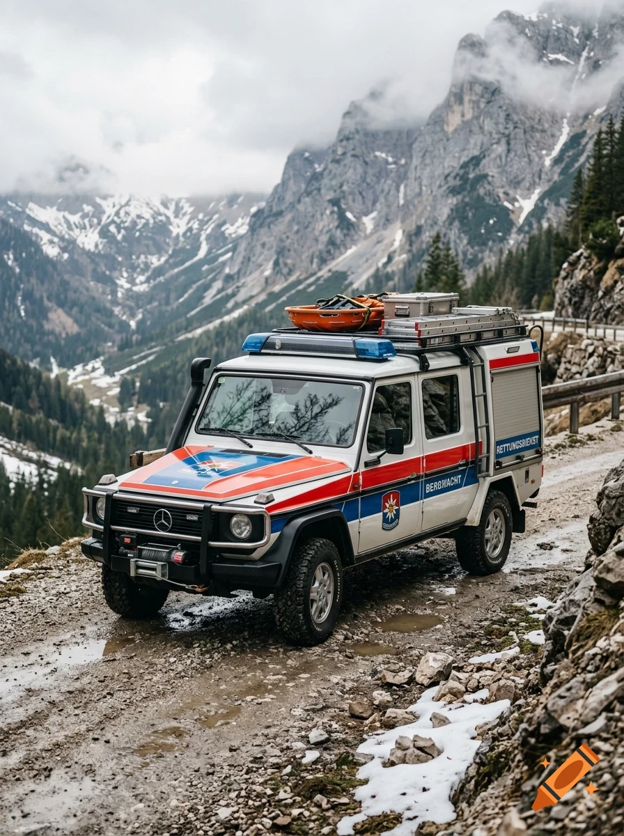 A mountain rescue vehicle parked on a winding dirt road in the snowy mountains.