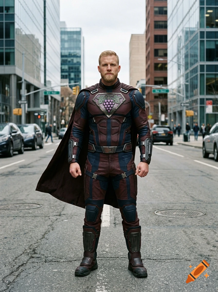 Photorealistic full-body shot of a superhero with a grape symbol on his chest, standing on a city street between tall buildings.