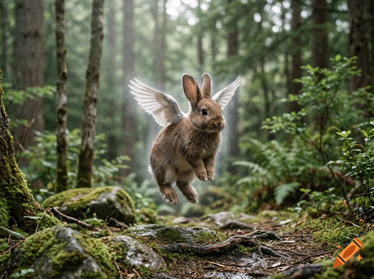 A small brown rabbit with white feathered wings floats in midair above a mossy path in a dense forest.