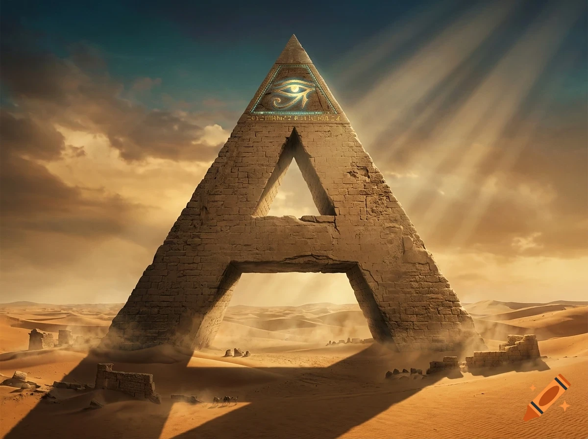 A giant stone pyramid shaped like the letter A stands in the middle of a desert under a cloudy sky with sunbeams shining down. The top features the Eye of Horus.
