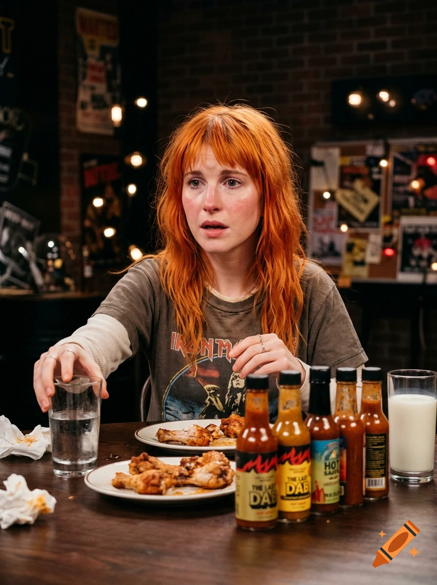 Hayley Williams with orange hair sitting at a table with hot sauce bottles and chicken wings, looking overwhelmed on a talk show set.